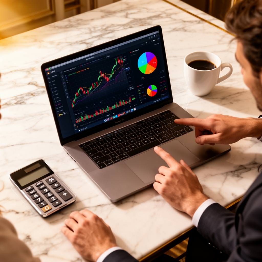 MacBook displaying investment growth charts and pie charts on a marble desk with coffee and calculator